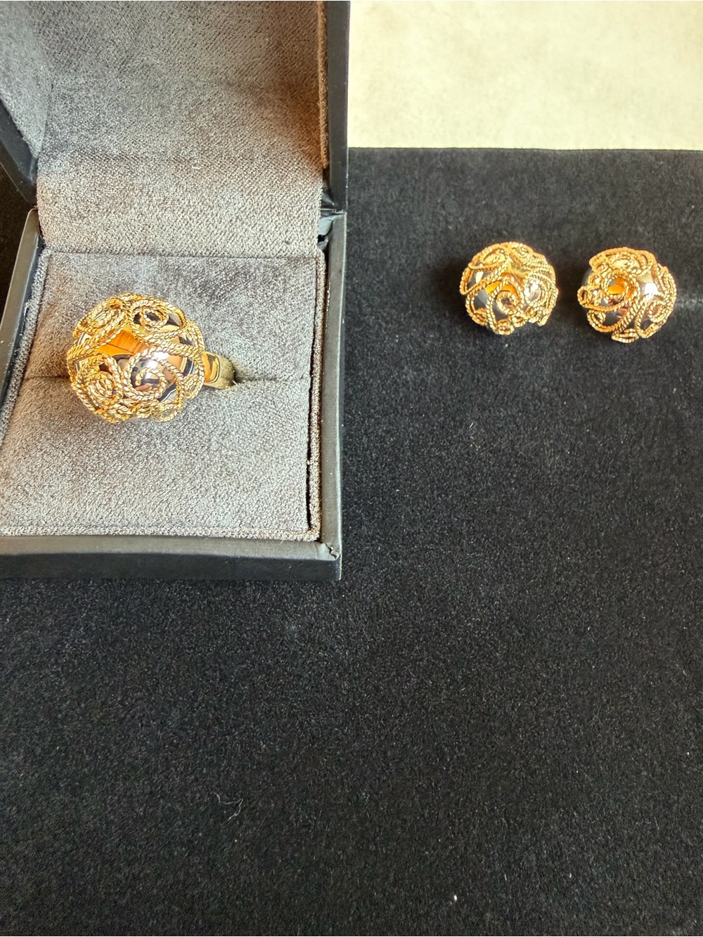 14K Italian Gold Filigree Ring & Stud Earrings Matching Set 7.61g